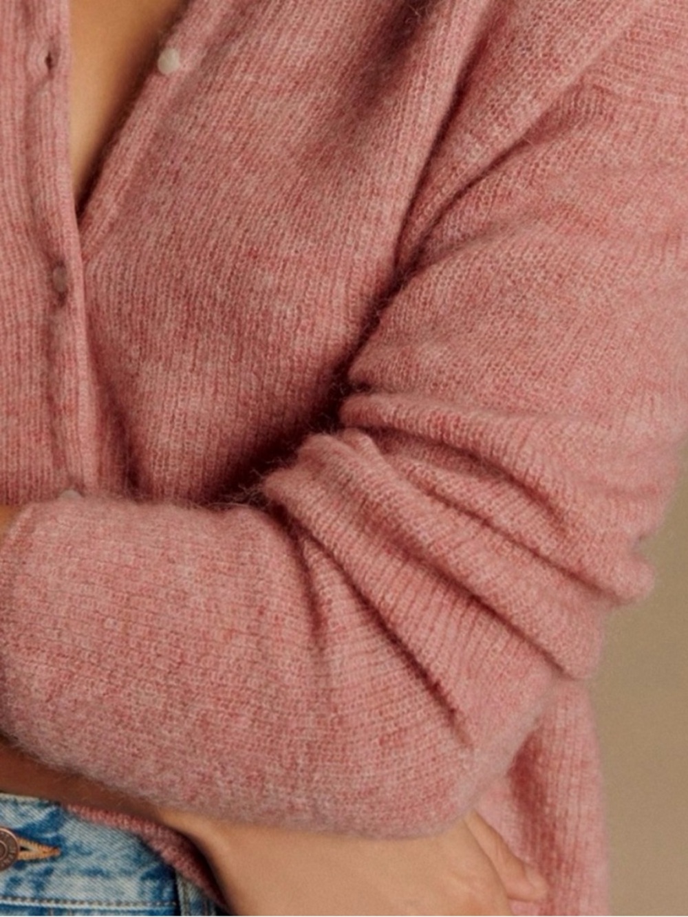 Sezane Dusty Pink Fuzzy V-Neck Cardigan